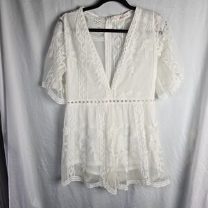 Wicky LS White Deep V Neck Sheer Floral Lace Romper Large Ethereal Fairy Bride